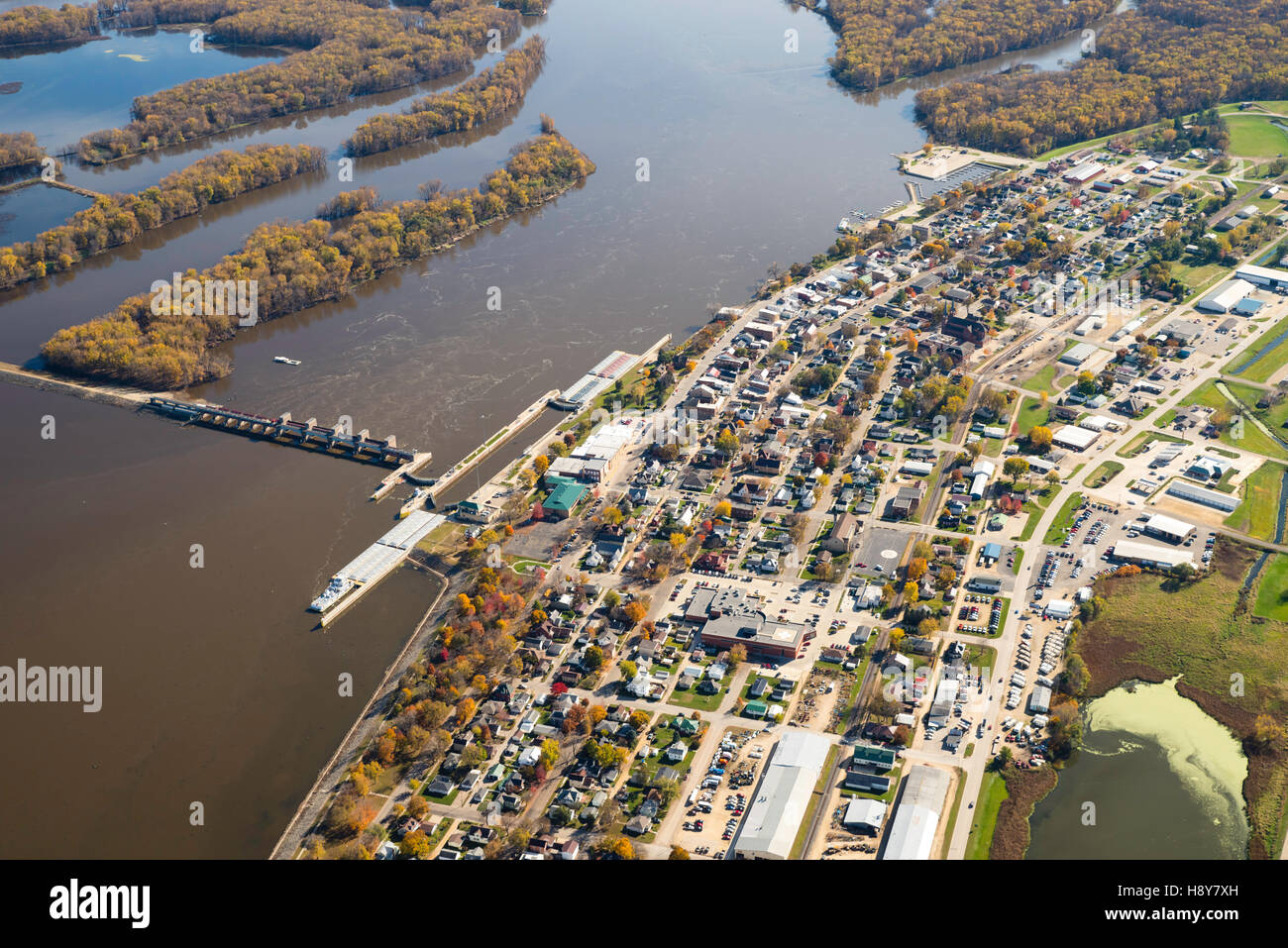 Aerial photograph of Guttenberg, Iowa and Lock & Dam Number 10 on the