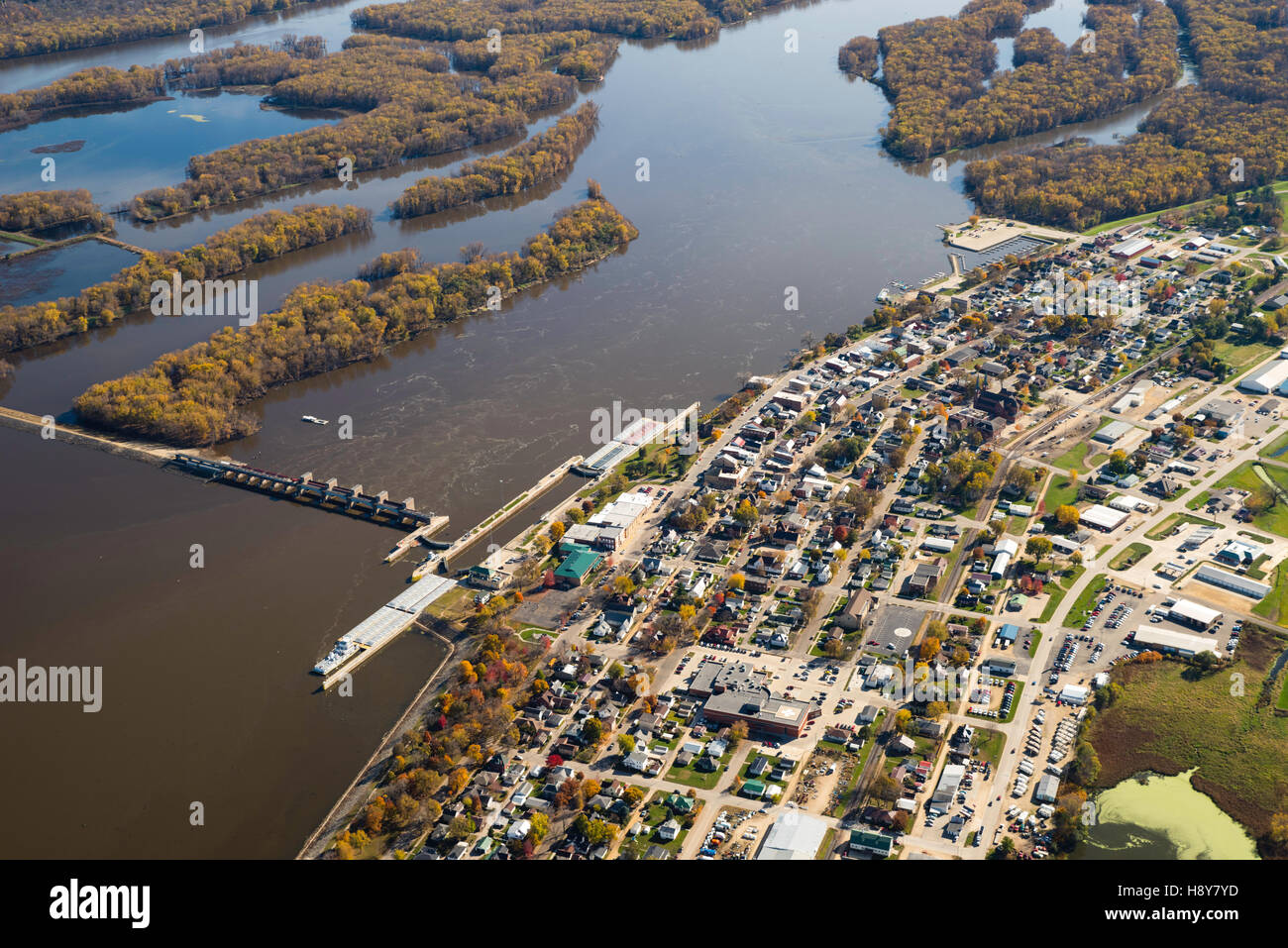 Aerial photograph of Guttenberg, Iowa and Lock & Dam Number 10 on the