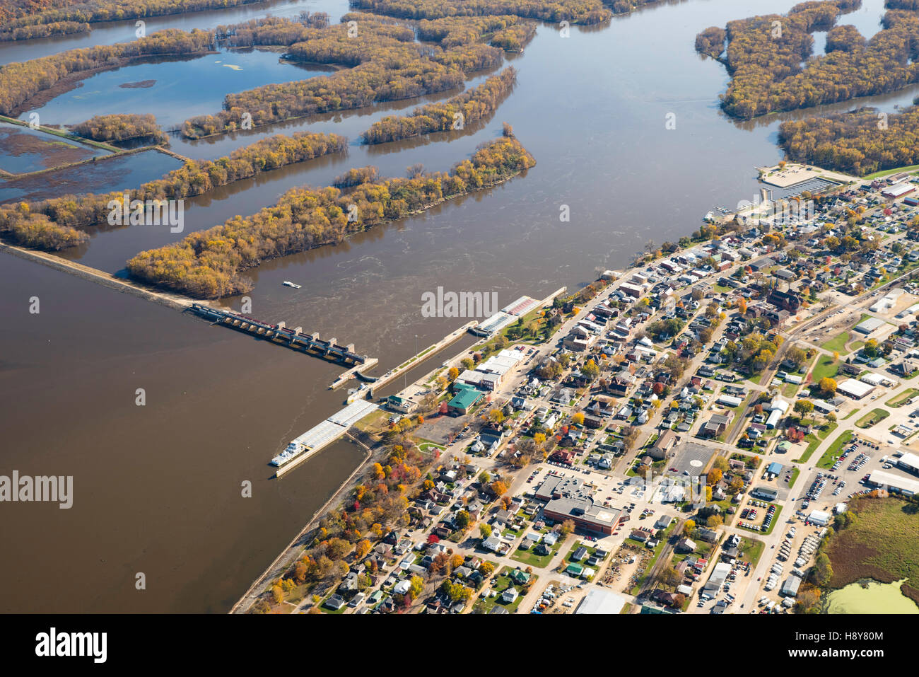 Aerial photograph of Guttenberg, Iowa and Lock & Dam Number 10 on the