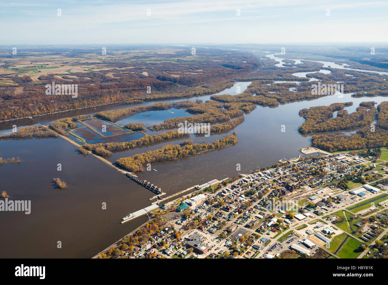 Aerial photograph of Guttenberg, Iowa and Lock & Dam Number 10 on the