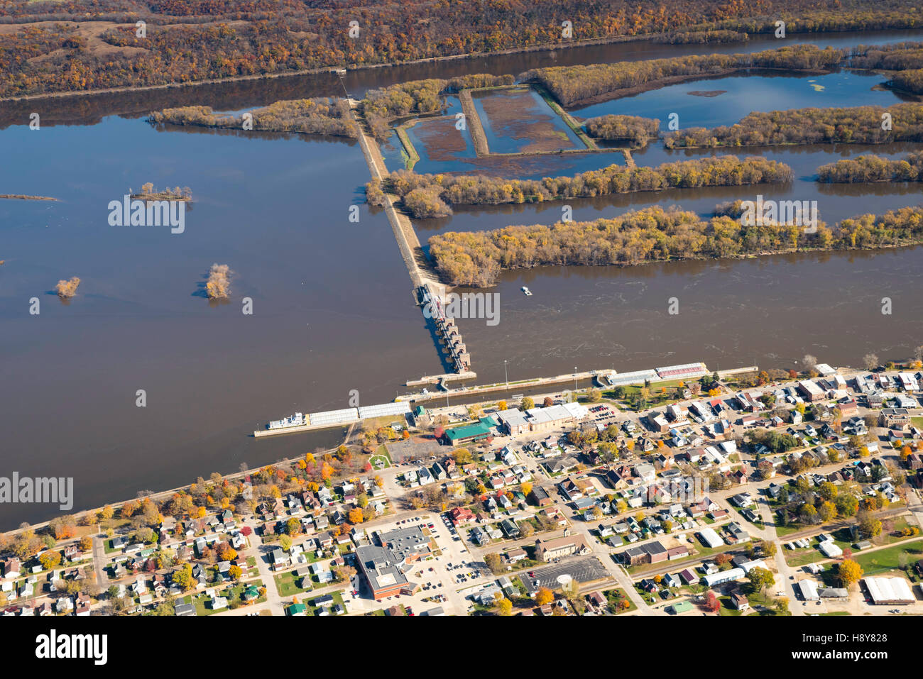 Aerial photograph of Guttenberg, Iowa and Lock & Dam Number 10 on the