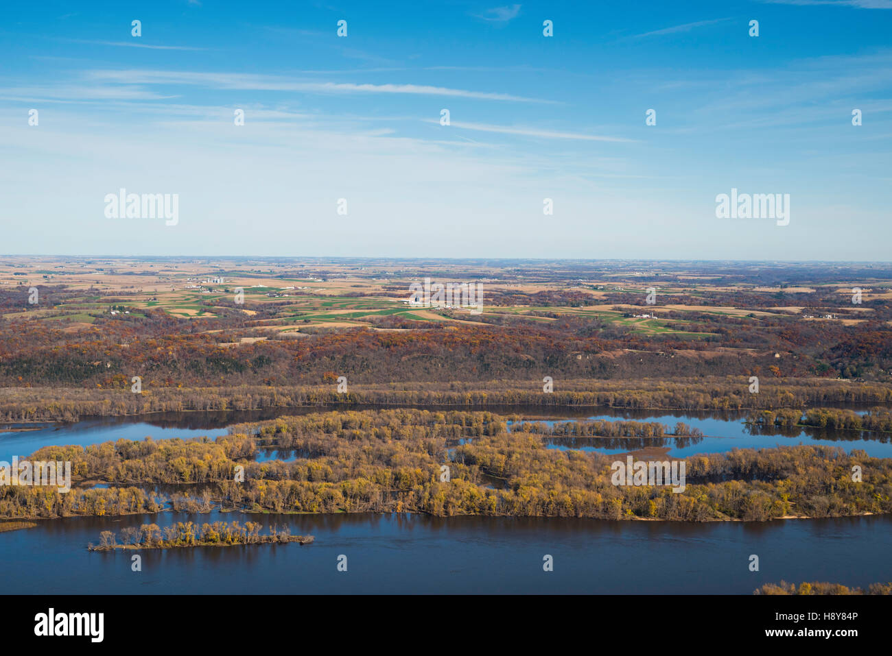 Aerial view of Wisconsin farm lands looking east from the Iowa side of
