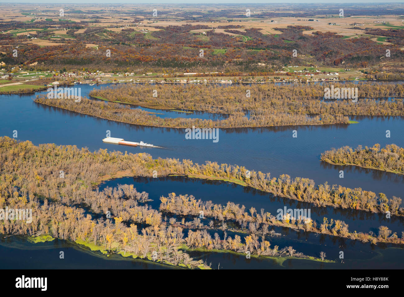 Aerial view of the Mississippi River at Casseville, Wisconsin looking