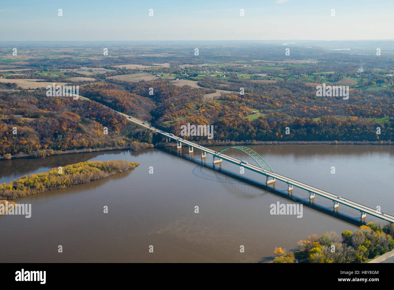 Aerial view of the Mississippi River and the Highway 12 Bridge between