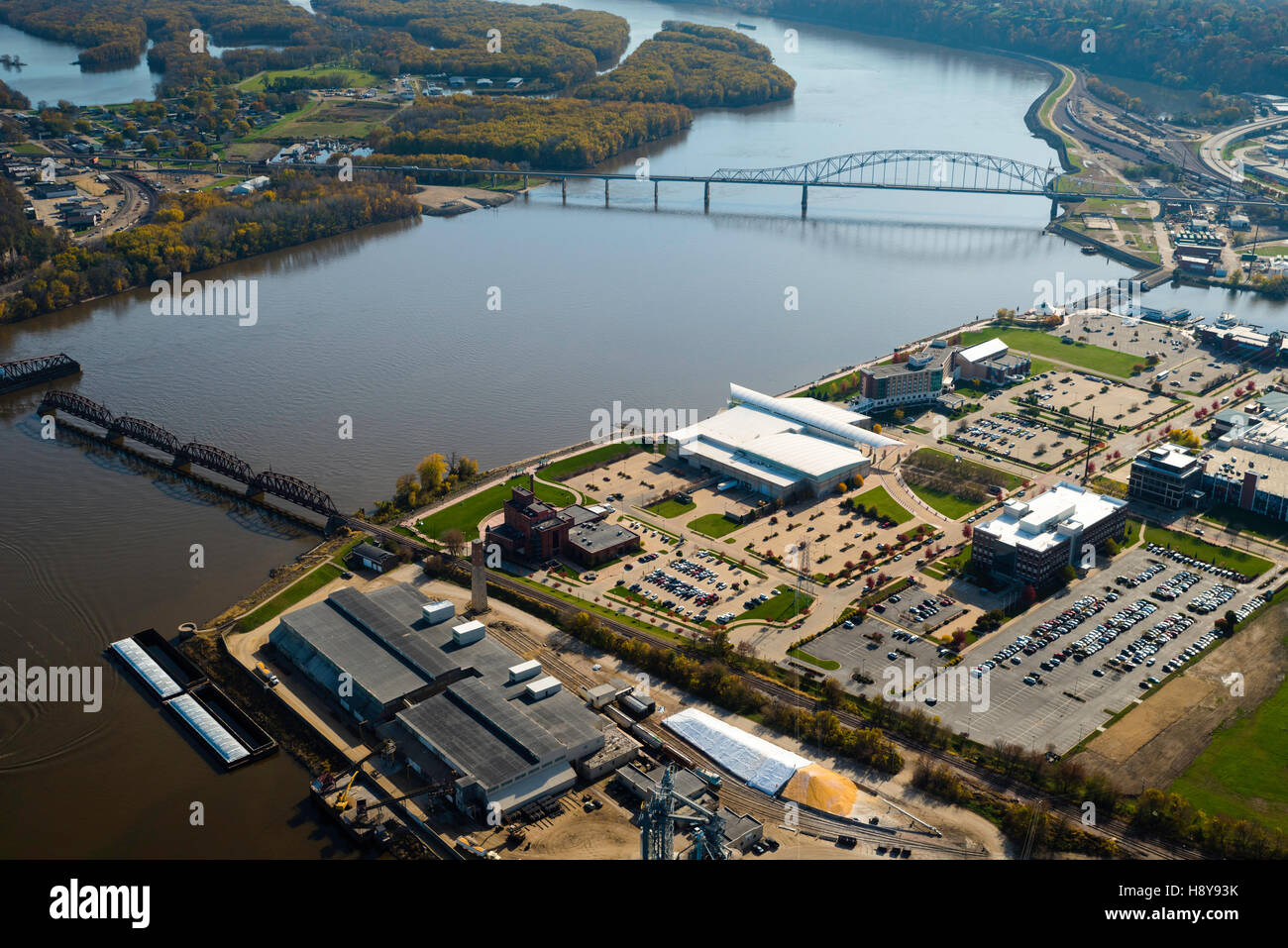 Aerial view of Dubuque, Iowa and the Mississippi River, the swinging