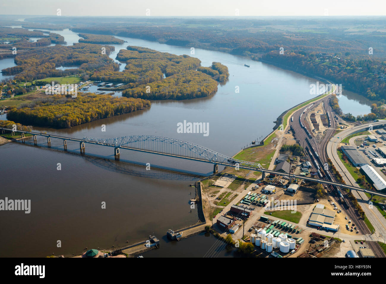Aerial view of Dubuque, Iowa and the Mississippi River, and the Julien