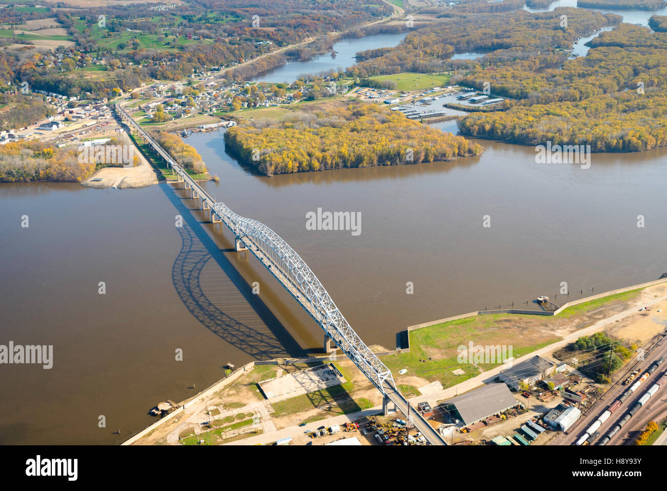 Aerial view of Dubuque, Iowa and the Mississippi River, and the Julien Dubuque Bridge to East