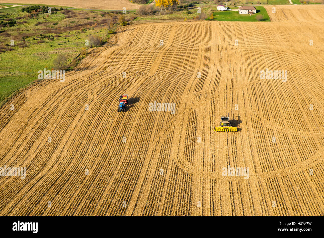 Aerial photograph of corn harvest in rural, southwest Wisconsin Stock