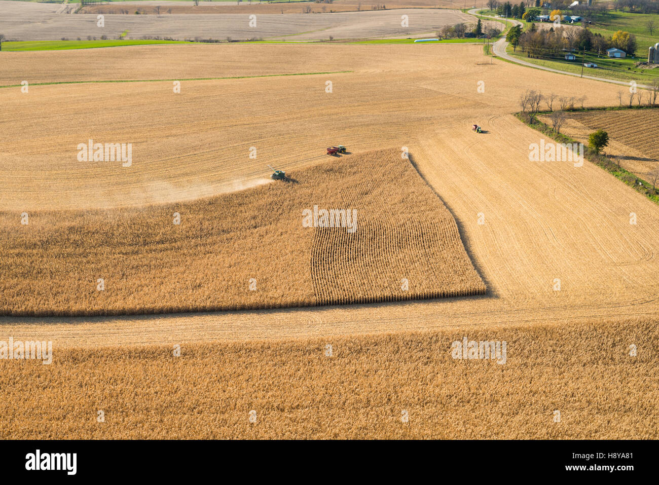 Aerial photograph of corn harvest in rural, southwest Wisconsin Stock