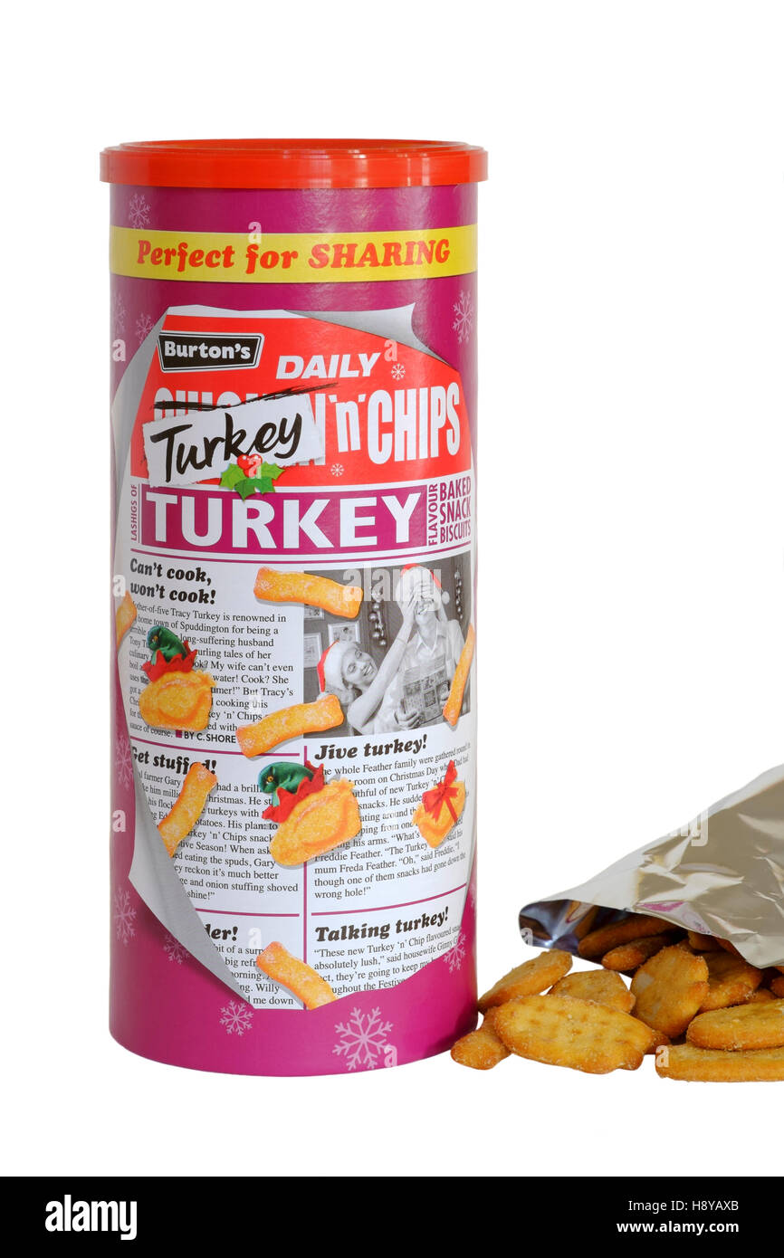 a tube of burtons turkey n chips savoury snack on a white background uk