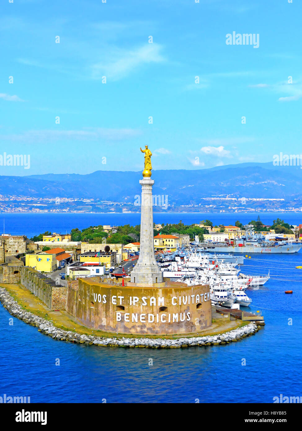 Messina port harbour entrance with golden Madonna Stock Photo