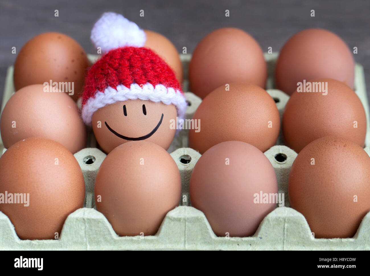 Smiling egg wearing a knitted Santa's hat surrounded by blank brown eggs. Stock Photo