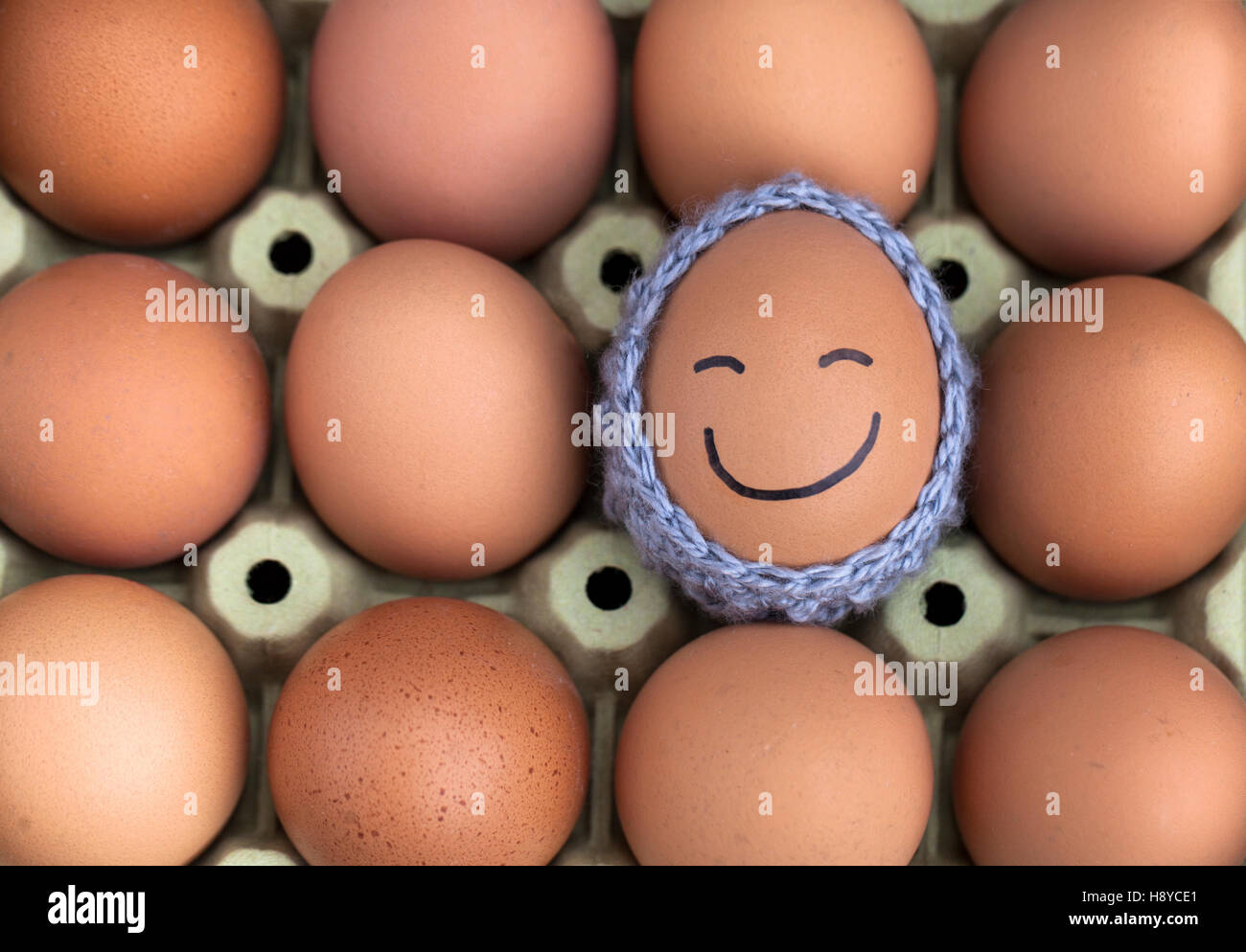 Smiling egg wearing a knitted hat souronded by blank brown eggs. Stock Photo
