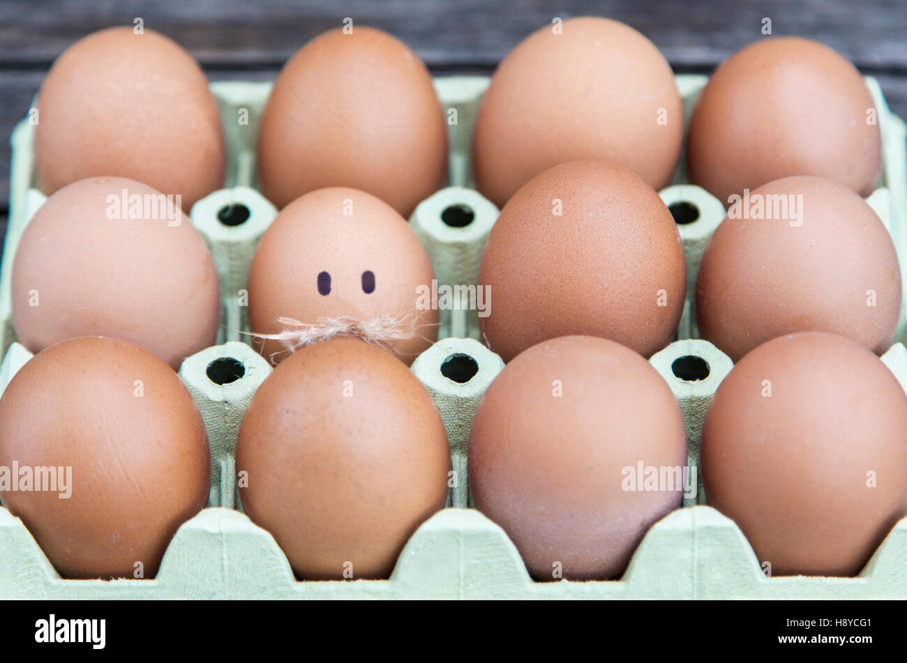 Single egg with moustache made out of chicken feathers. Stock Photo