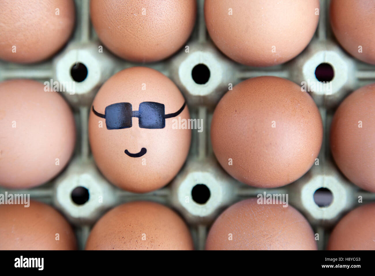 Egg wearing sunglasses. Summer concept. Blind concetp. Stock Photo