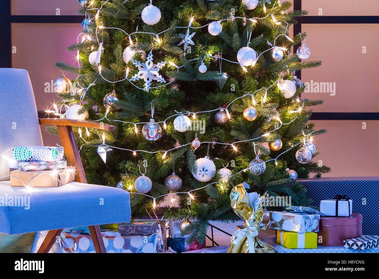 Beautifully Decorated Christmas Tree Stock Photo