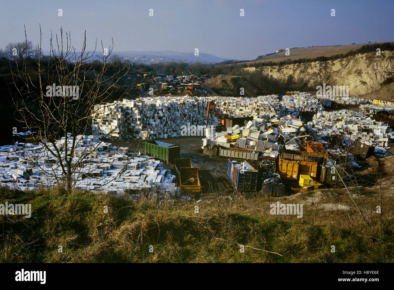 Old refrigerators, fridges await recycling at the temporary storage site of Greystone Quarry, Southerham Pit near Lewes, East Sussex, England UK. 2003 Stock Photo