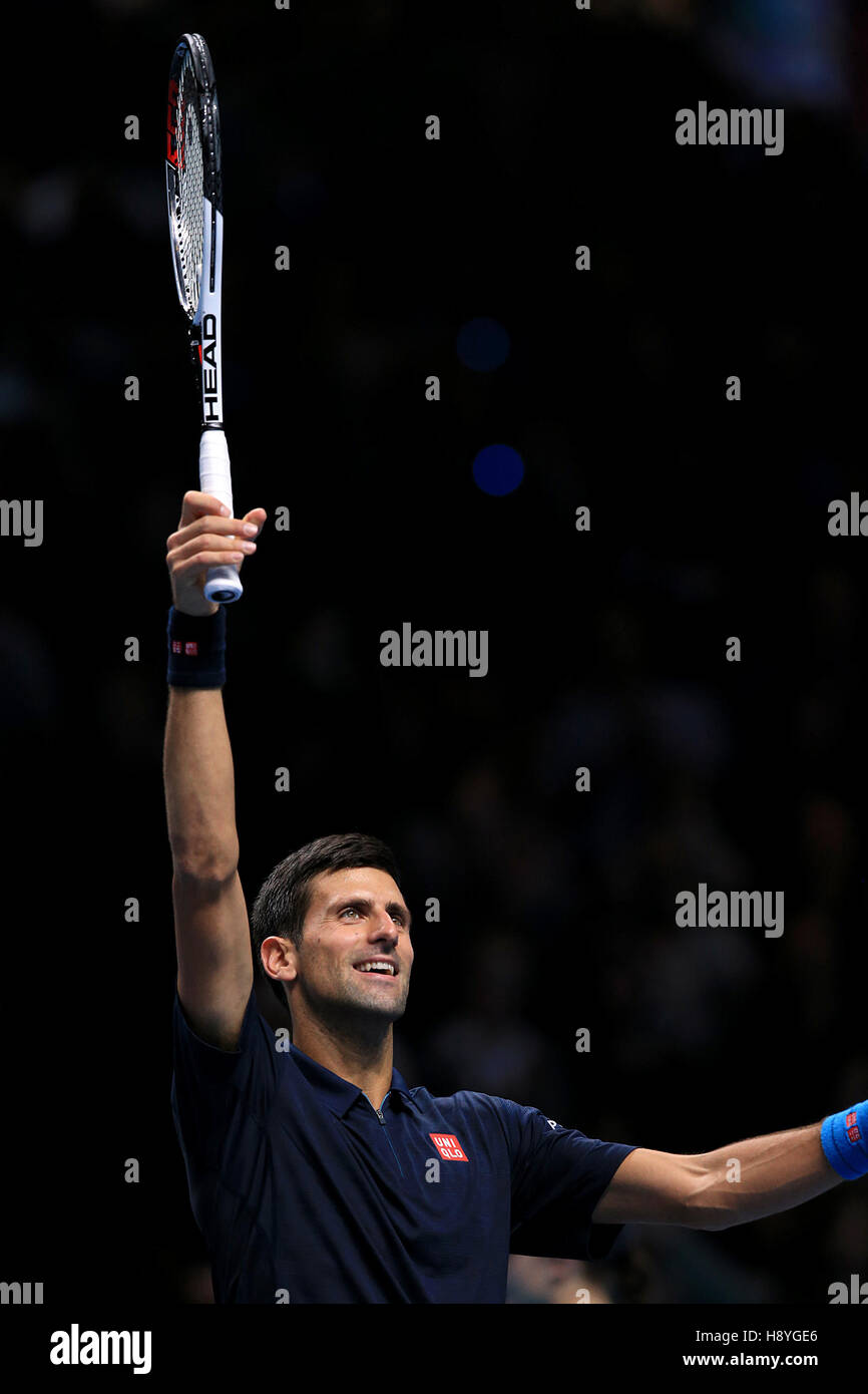 Novak Djokovic celebrates winning his match against David Goffin during day five of the Barclays ATP World Tour Finals at The O2, London. Stock Photo