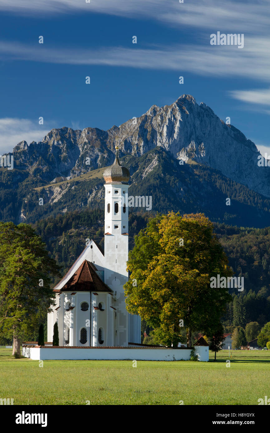 Bavarian Alps tower over the Pilgrim's Church - St. Coloman, Schwangau ...