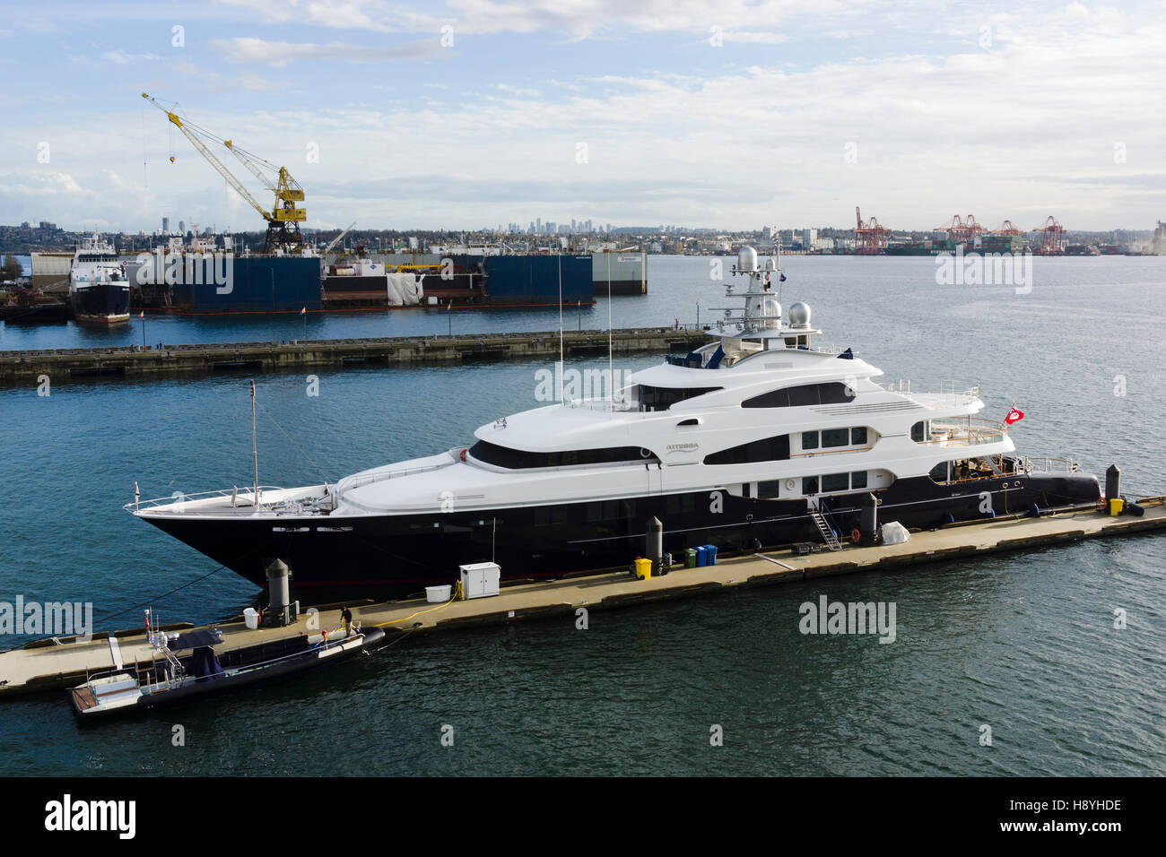 Luxury motor yacht 'Attessa', owned by billionaire Dennis Washington (owner of Seaspan Marine Corporation). North Vancouver, BC, Stock Photo