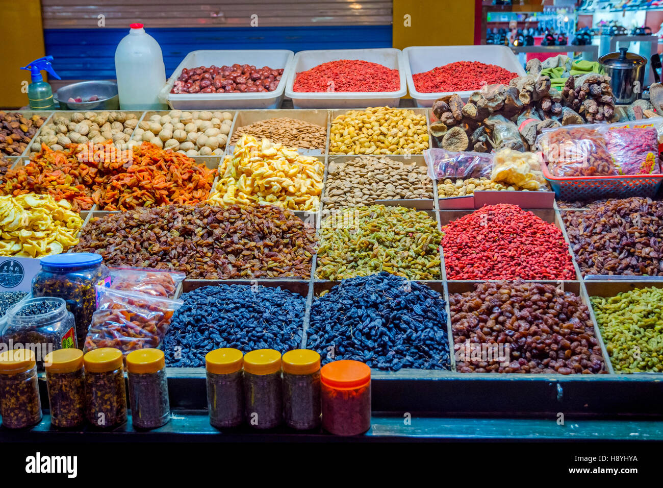 Raisins and dry fruits for sale at night market in Dunhuang, Gansu