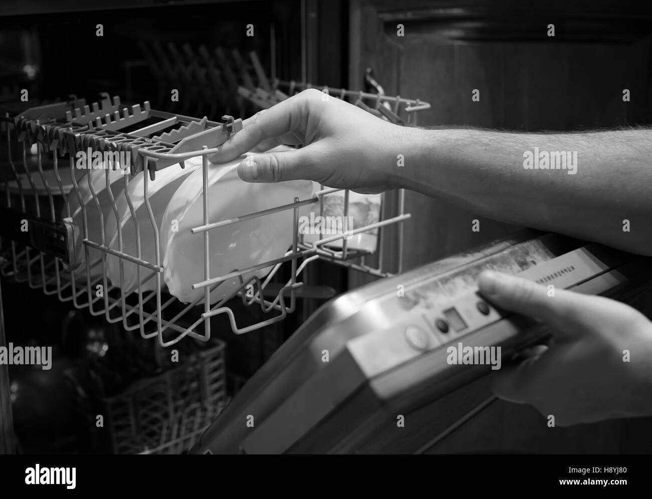 monochrome dishwasher door open Stock Photo Alamy