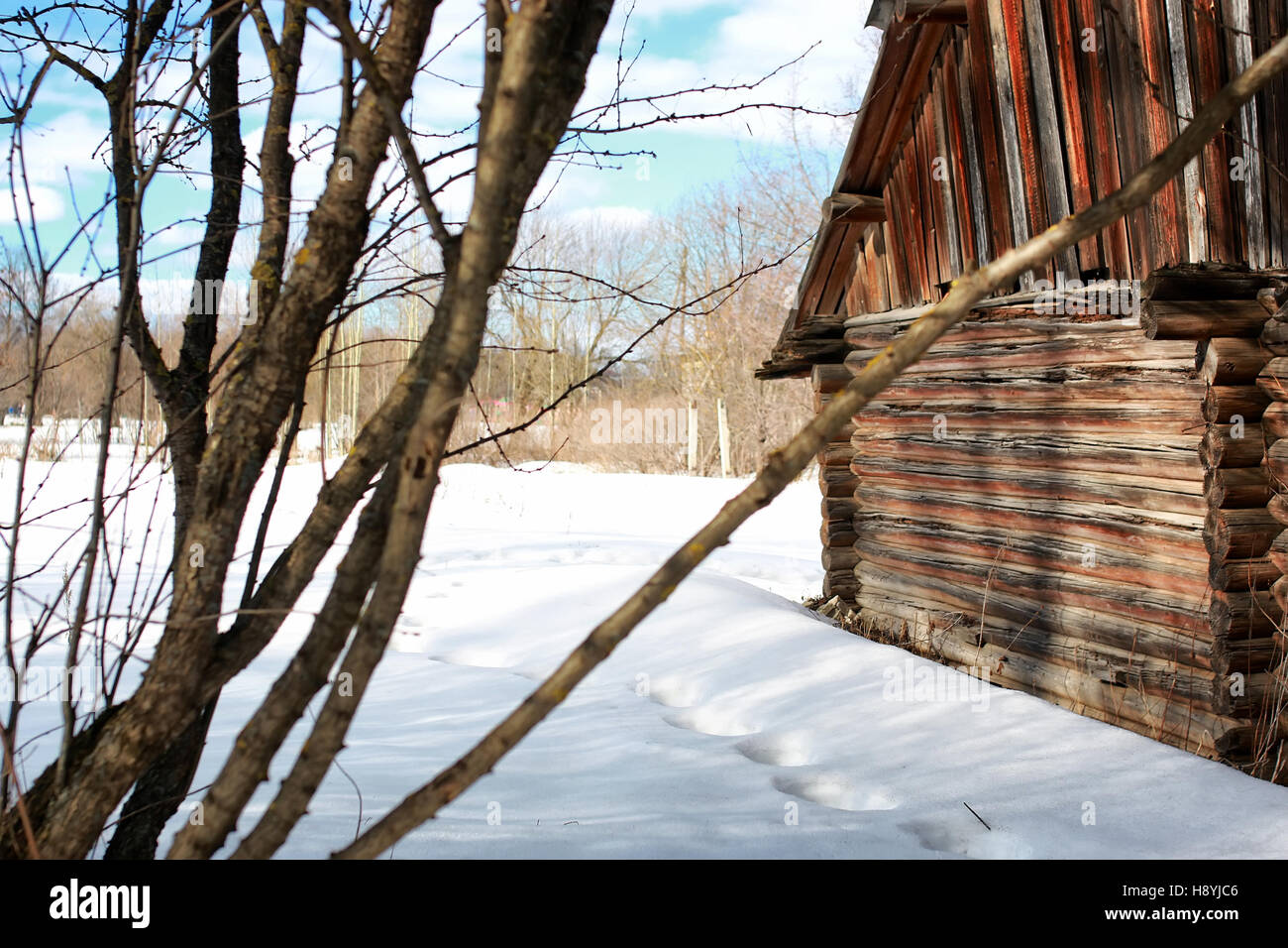 log house wall landscape winter Stock Photo - Alamy