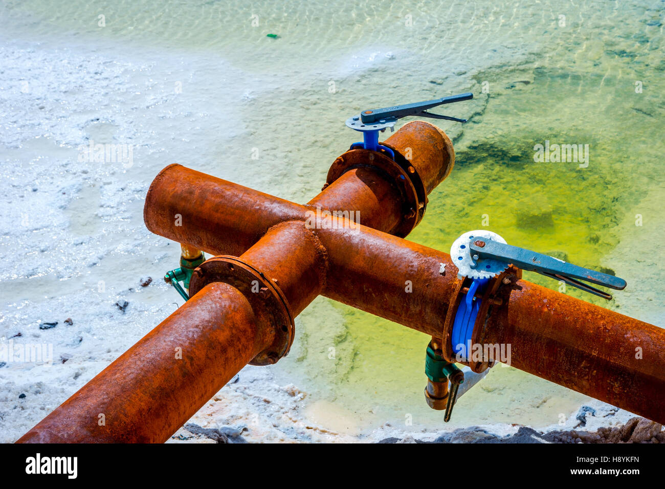 Rusted metal pipes at Chaqia Salt lakes, Qinghai, China Stock Photo