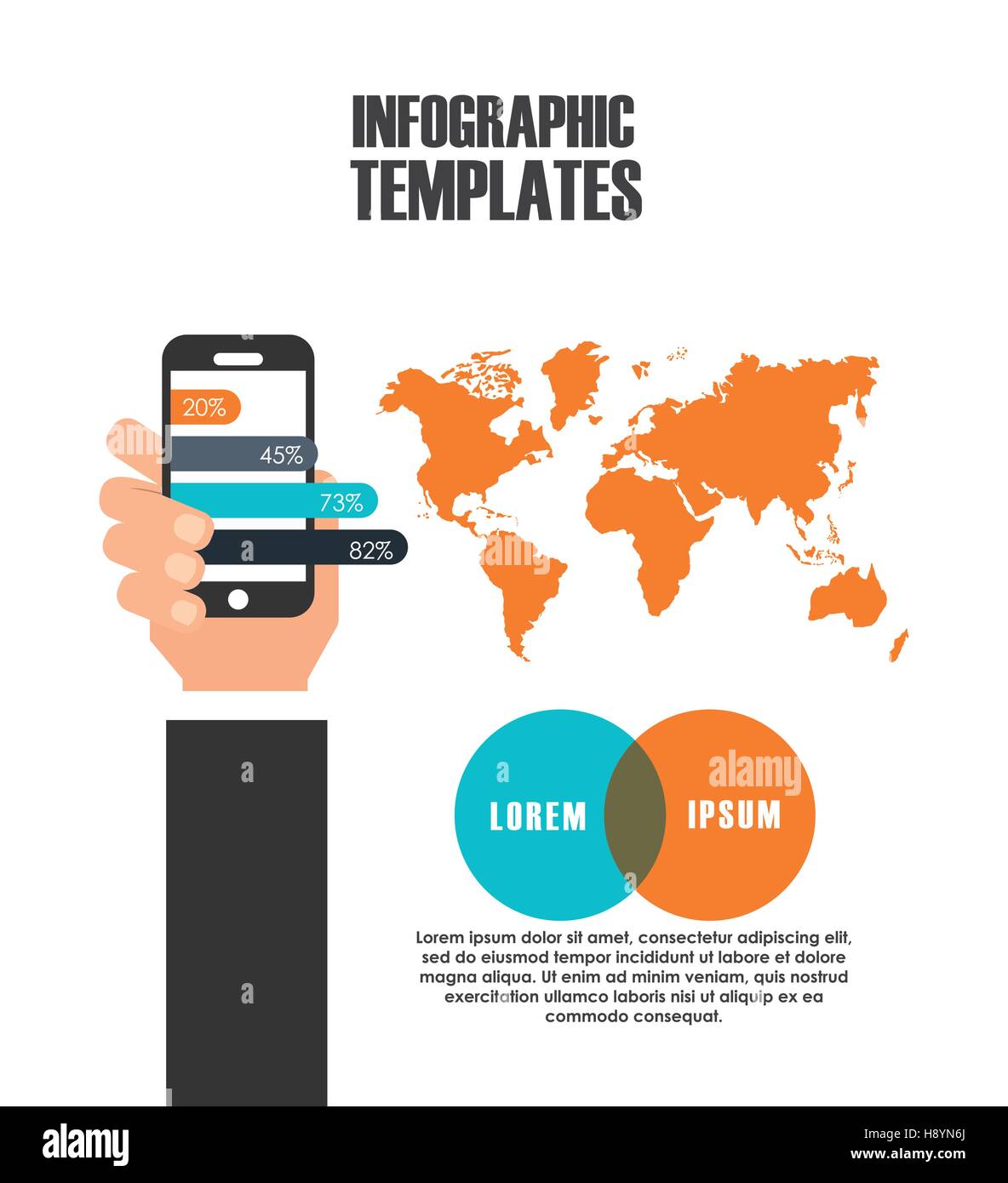infographic presentation template with world map and hand holding a ...