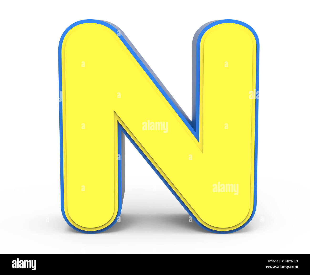 3d rendering cute yellow letter N isolated white background, toylike