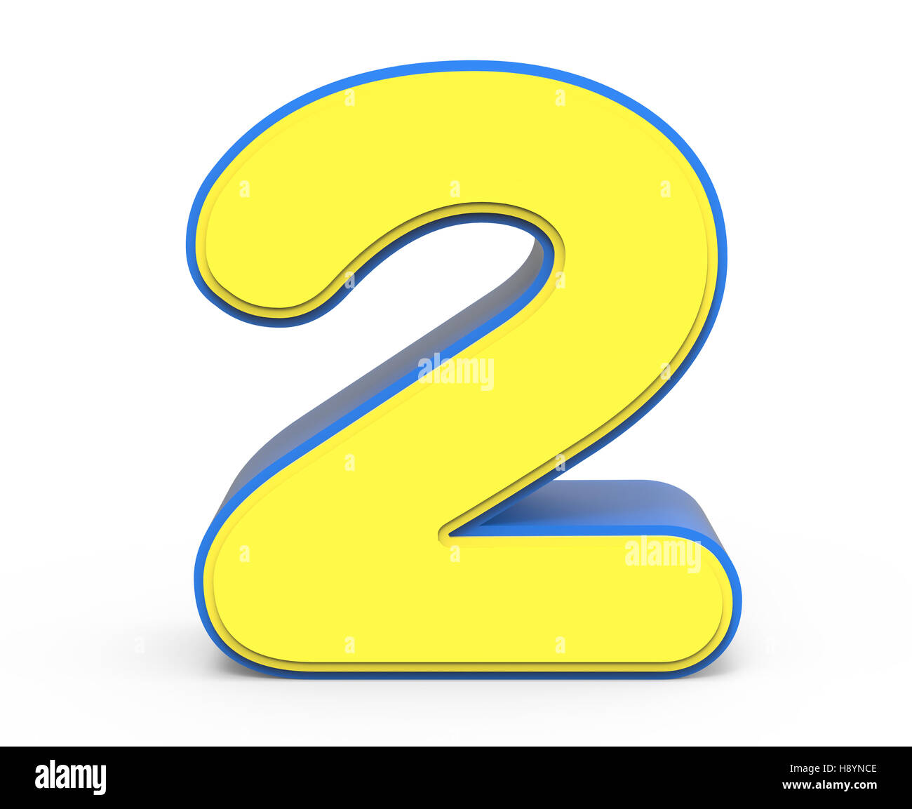 3d rendering cute yellow number 2 isolated white background, toylike alphabet for design, yellow word with blue frame Stock Photo