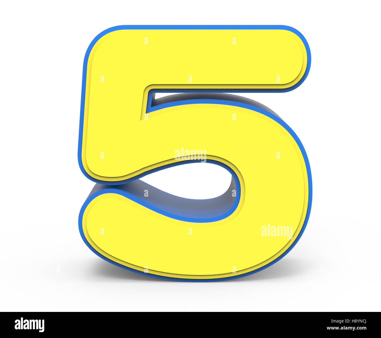 3d rendering cute yellow number 5 isolated white background, toylike