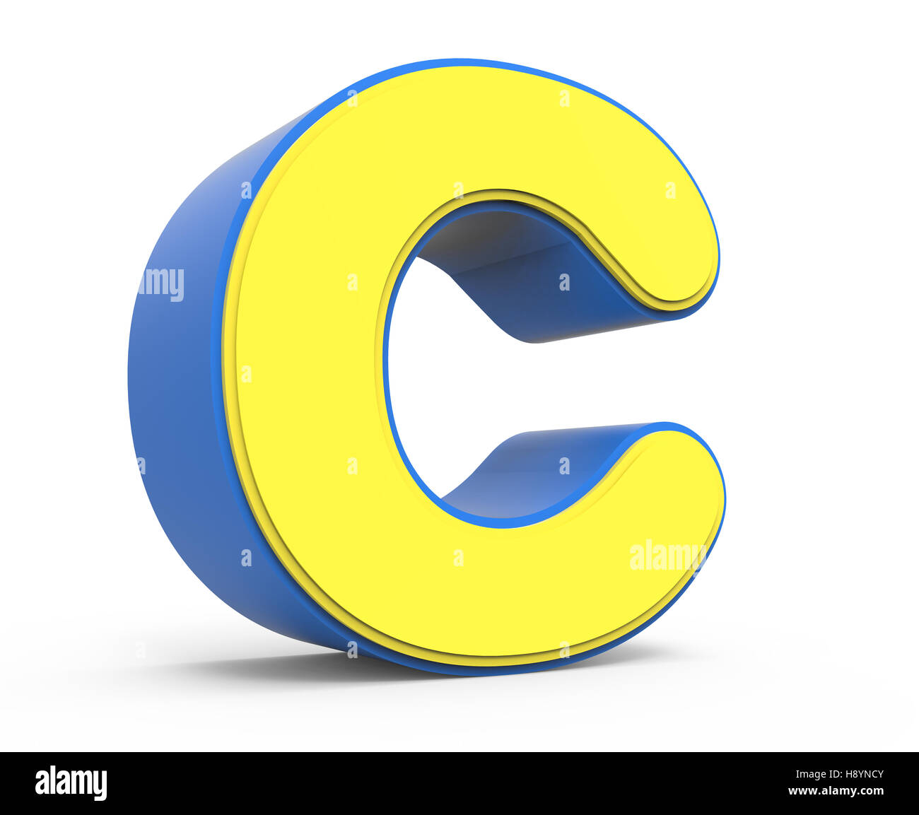 3d rendering cute yellow  letter C isolated white background, toylike alphabet for design, yellow word with blue frame, left lea Stock Photo