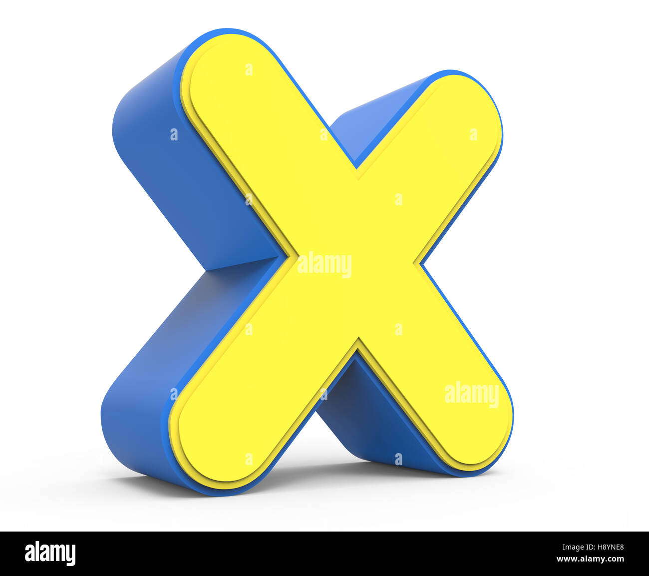 3d rendering cute yellow  letter X isolated white background, toylike alphabet for design, yellow word with blue frame, left lea Stock Photo
