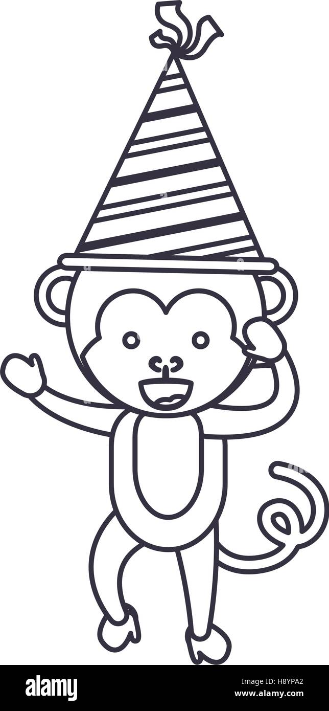 Monkey cartoon with party hat icon. Happy birthday celebration card and decoration theme ...