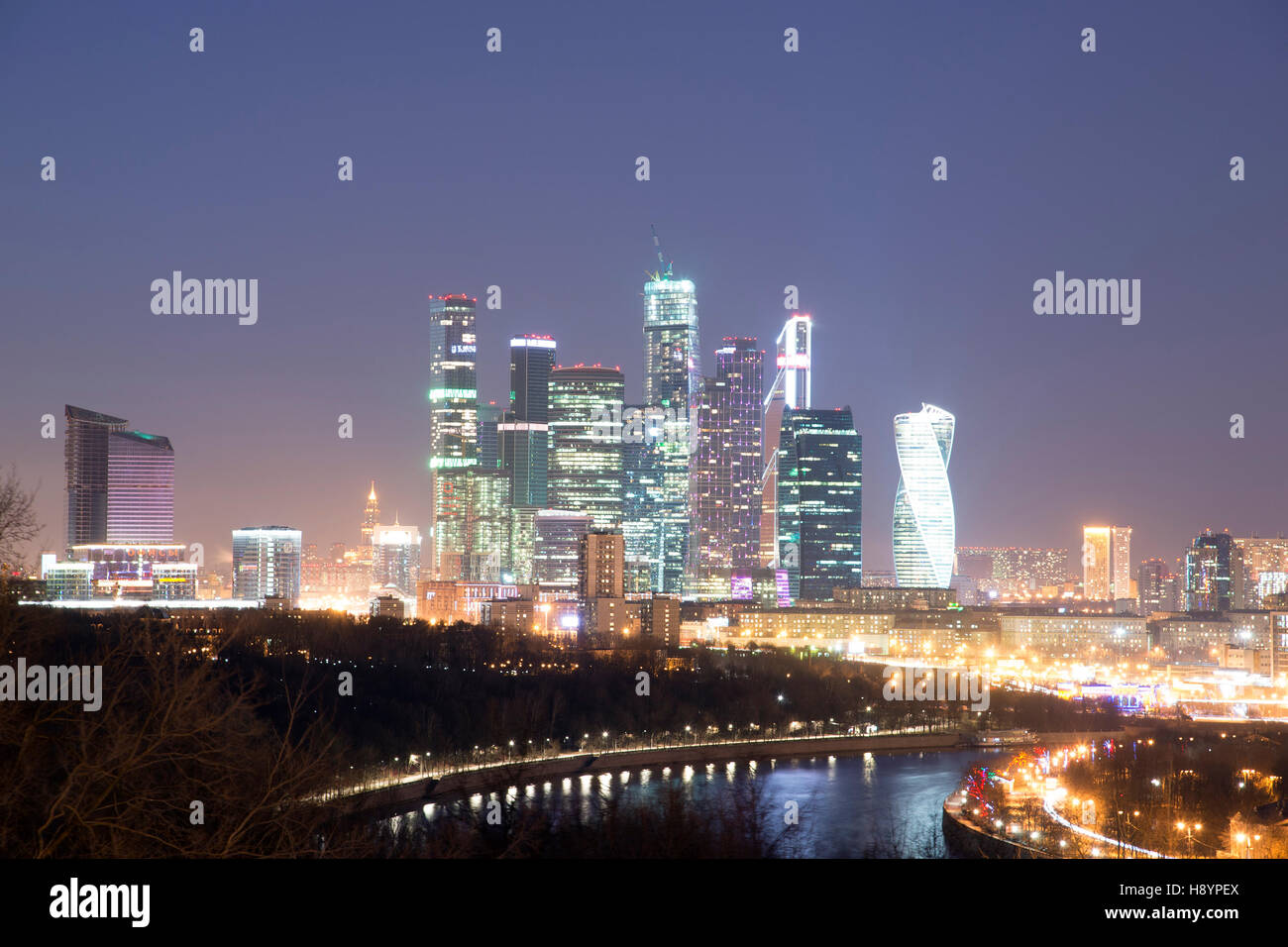 Moscow International Business Center - Moscow City at night. View from the observation platform on the Sparrow Hills. Stock Photo