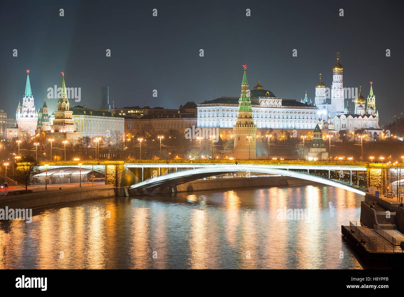 Moscow Kremlin at night. Popular tourist view of the main attraction of Moscow. Stock Photo