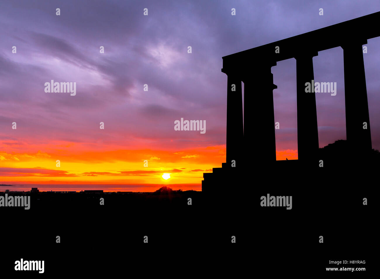 Pillars of National Monument, Edinburgh, Scotland, United Kingdom at Sunrise Stock Photo