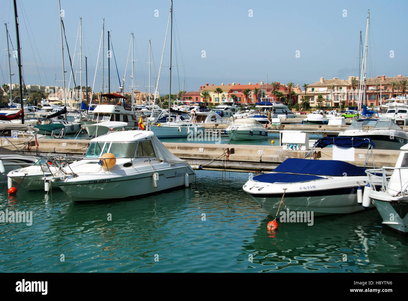 Yachts and boats in the marina with buildings to the rear, Puerto