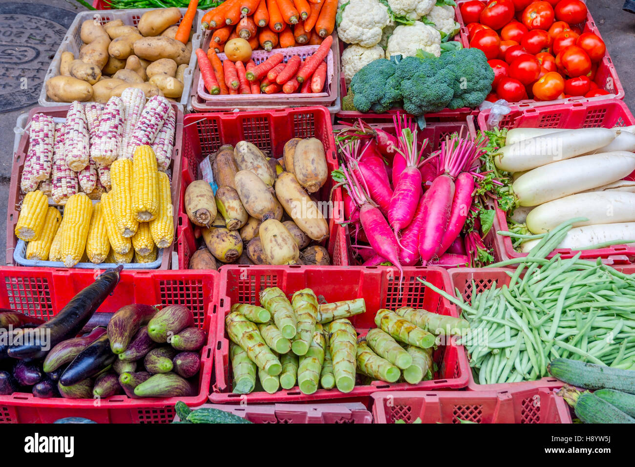 Fresh vegetables in boxes for sale in the market Stock Photo Alamy