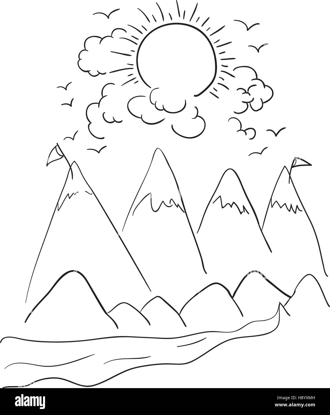 Mountains clouds and sun icon. Landscape nature outdoor season and ...