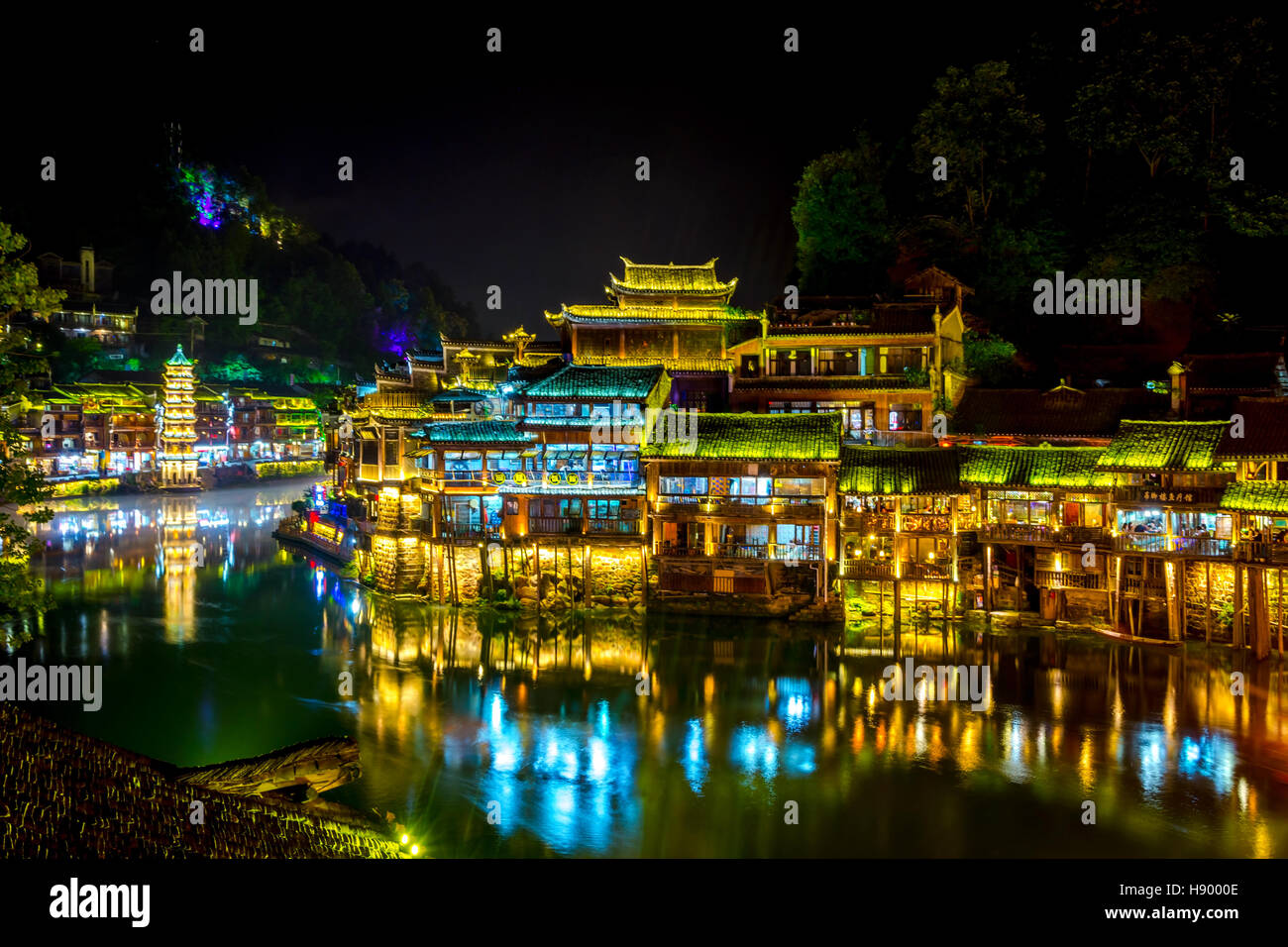 FENGHUANG, CHINA - JUNE 14: Illuminated traditional Chinese