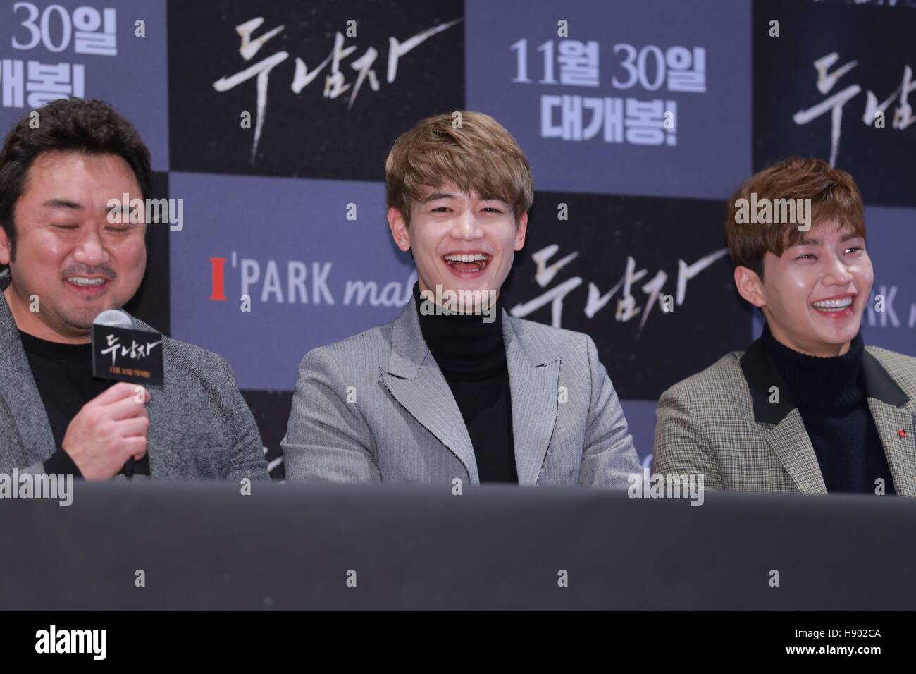 Seoul, Korea. 16th Nov, 2016. Tong Seok Ma, SHINee Minho and Jea-young Kim attend the press premiere of Two Men in Seoul, Korea on 16th November, 2016.(China and Korea Rights Out) © TopPhoto/Alamy Live News Stock Photo