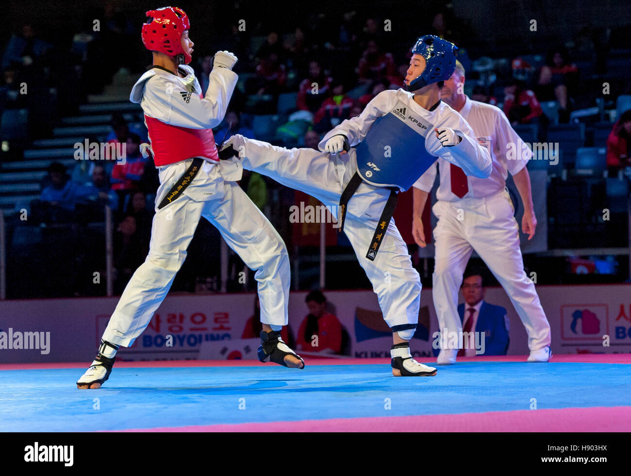 Burnaby, Canada. 16th Nov, 2016. WTF World Taekwondo Junior Championships, Jae-hee Mok (KOR) blue and Saran Tangchatkaew (THA) red, compete in male 48kg class gold medal match. Mok took the gold medal Credit:  Peter Llewellyn/Alamy Live News Stock Photo