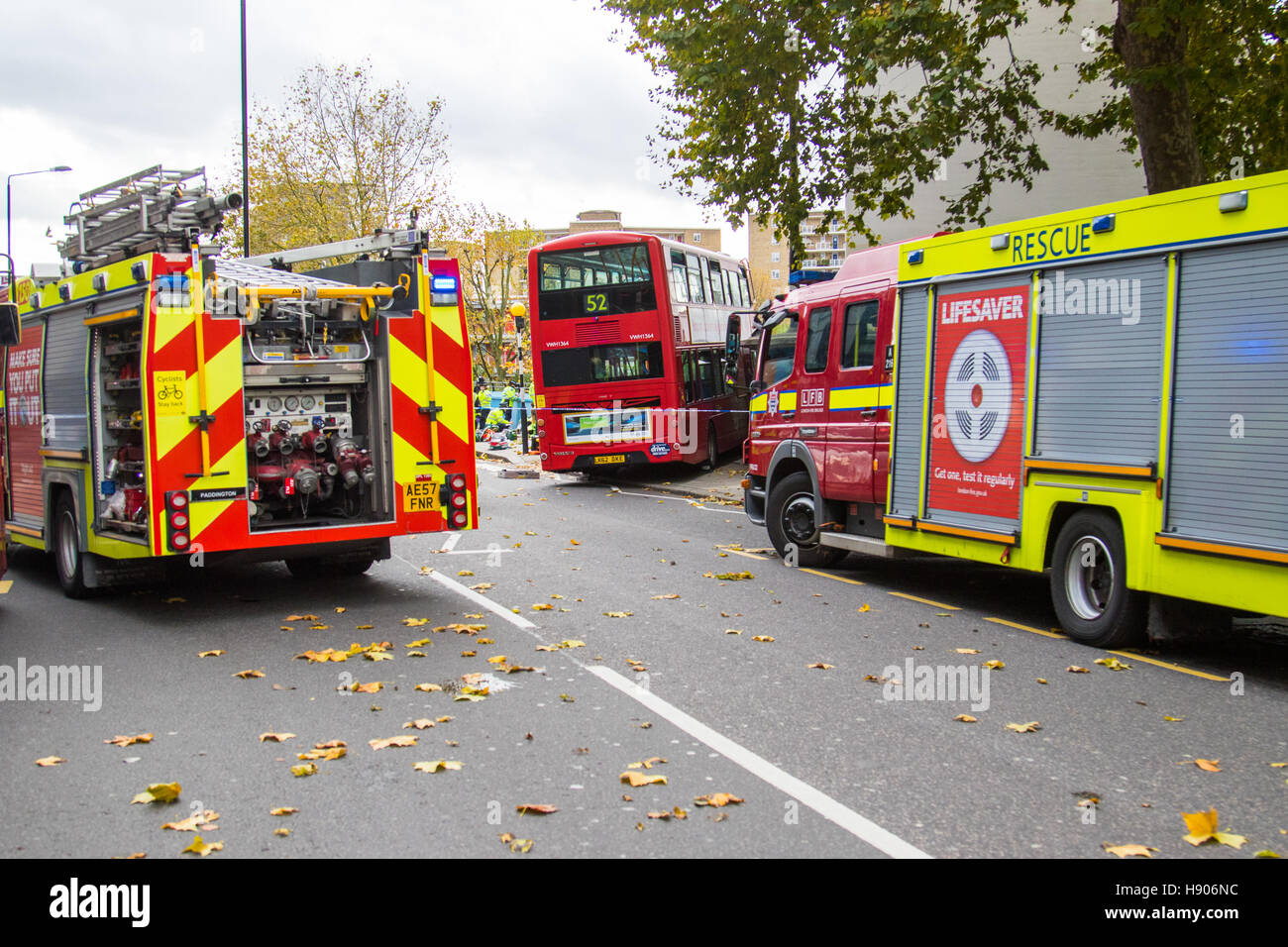 Ladbroke Grove, London, November 17th 2016. A double decker bus crashes ...