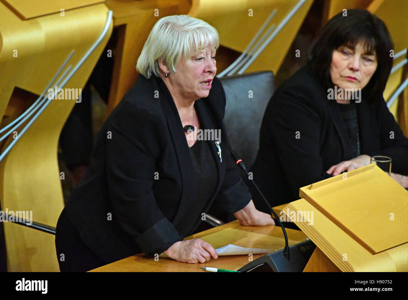 Edinburgh, Scotland, United Kingdom, 17, November, 2016. Glasgow MSP Sandra White speaking at First Minister's Questions in the Scottish Parliament, where she raised the issue of job losses in her constituency announced by Shell UK   Credit:  Ken Jack / Alamy Live News Stock Photo