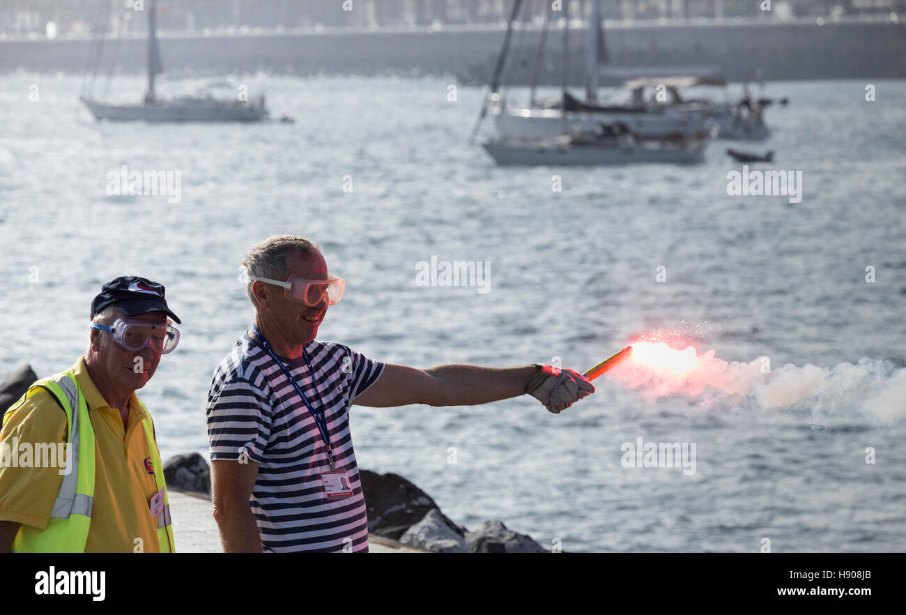 Las Palmas, Gran Canaria, Canary Islands, Spain. 17th November, 2016. Sailors are given permission by the port authorites to let off/dispose off distress flares that are close to their expiry date as crews prepare for the world`s largest transocean sailing event, the ARC Transatlantic.  The race/rally starts in Las Palmas (on 20th November) and finishes in Rodney Bay on Saint Lucia in The Caribbean. Crews from more than 40 different countries, including many from Great Britain, will be on board approximately 300 making the crossing. Credit:  Alan Dawson News/Alamy Live News Stock Photo