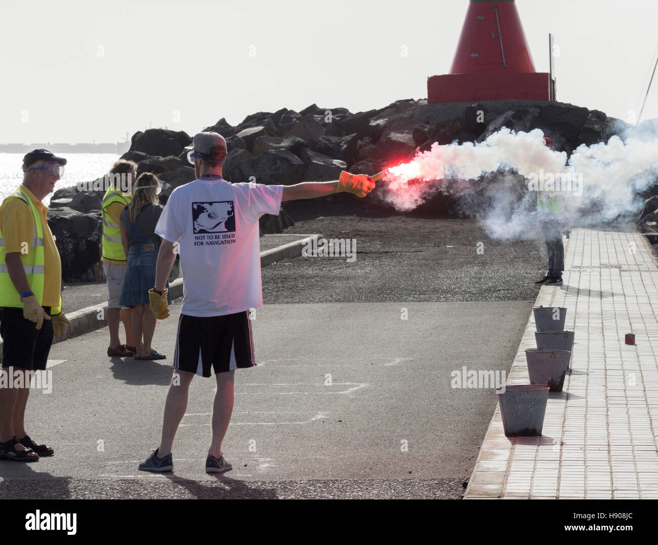 Las Palmas, Gran Canaria, Canary Islands, Spain. 17th November, 2016. Sailors are given permission by the port authorites to let off/dispose off distress flares that are close to their expiry date as crews prepare for the world`s largest transocean sailing event, the ARC Transatlantic.  The race/rally starts in Las Palmas (on 20th November) and finishes in Rodney Bay on Saint Lucia in The Caribbean. Crews from more than 40 different countries, including many from Great Britain, will be on board approximately 300 making the crossing. Credit:  Alan Dawson News/Alamy Live News Stock Photo