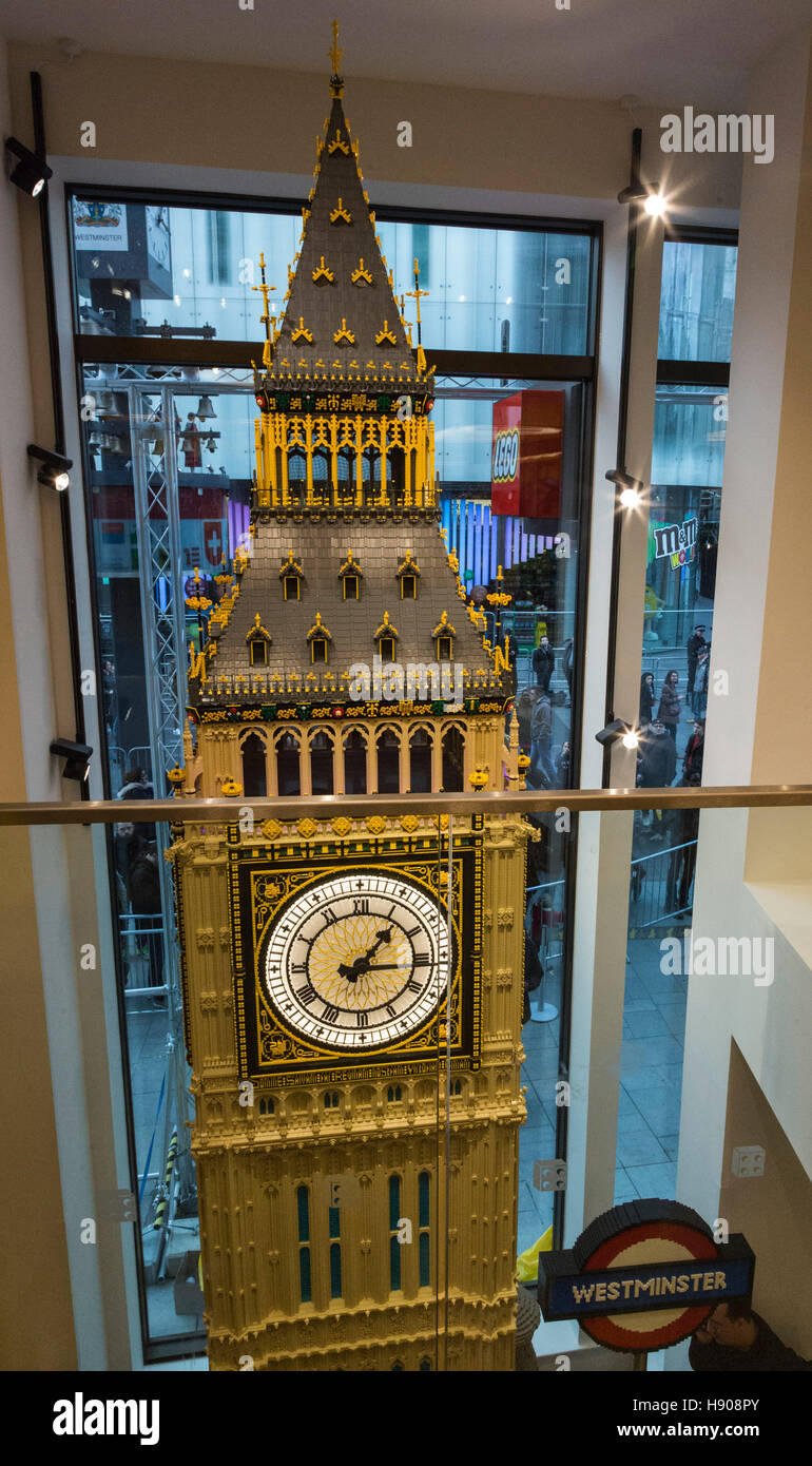 London, UK. 17 November 2016. Centrepiece of the new store is a huge  artwork of Big Ben - made of over 300,000 bricks. London's LEGO Store  opened in Leicester Square today and