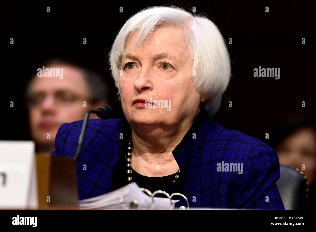 Washington DC, USA. 17th Nov, 2016. Janet L. Yellen, Chair, Board of Governors of the Federal Reserve System testifies before the United States Congress Joint Economic Committee on 'The Economic Outlook' in Washington, DC on Thursday, November 17, 2016. I Stock Photo